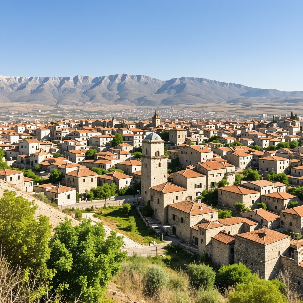 Panoramic view of Bitolji city center with historic buildings and Pelagonia mountains