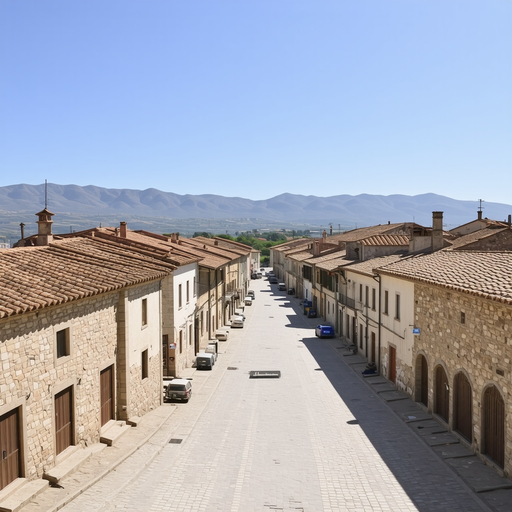 Panoramic view of Bitolji city center showing traditional buildings, cobblestone streets and Pelagonia mountains