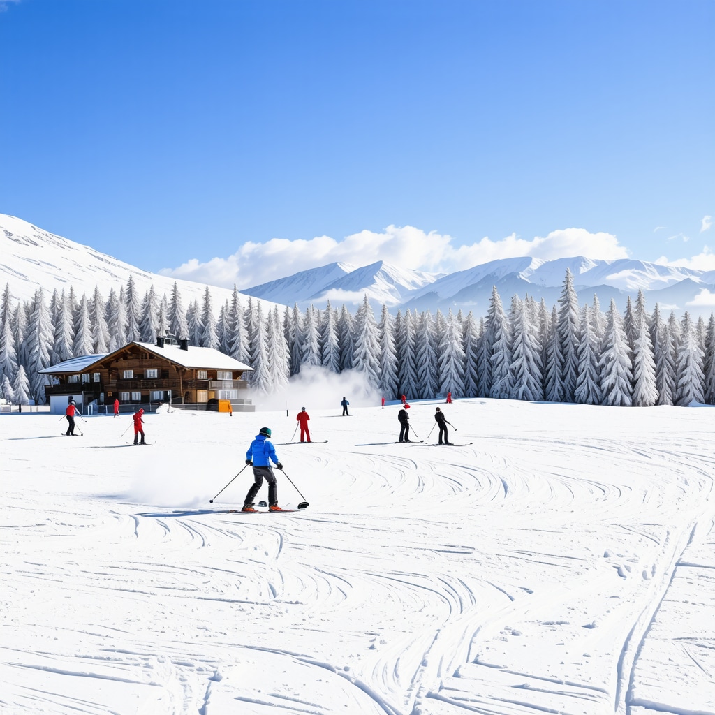 Snow-covered Borovets ski resort with pine forests and skiers demonstrating sustainable mountain tourism