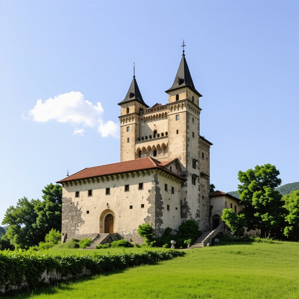 Bulgarian castle surrounded by green landscape and clear sky