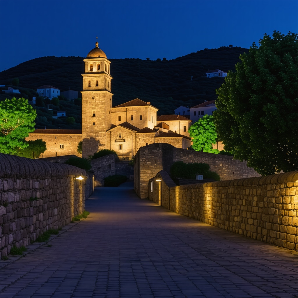 Night view of Cetinje's historic monuments with illumination highlighting architectural details.