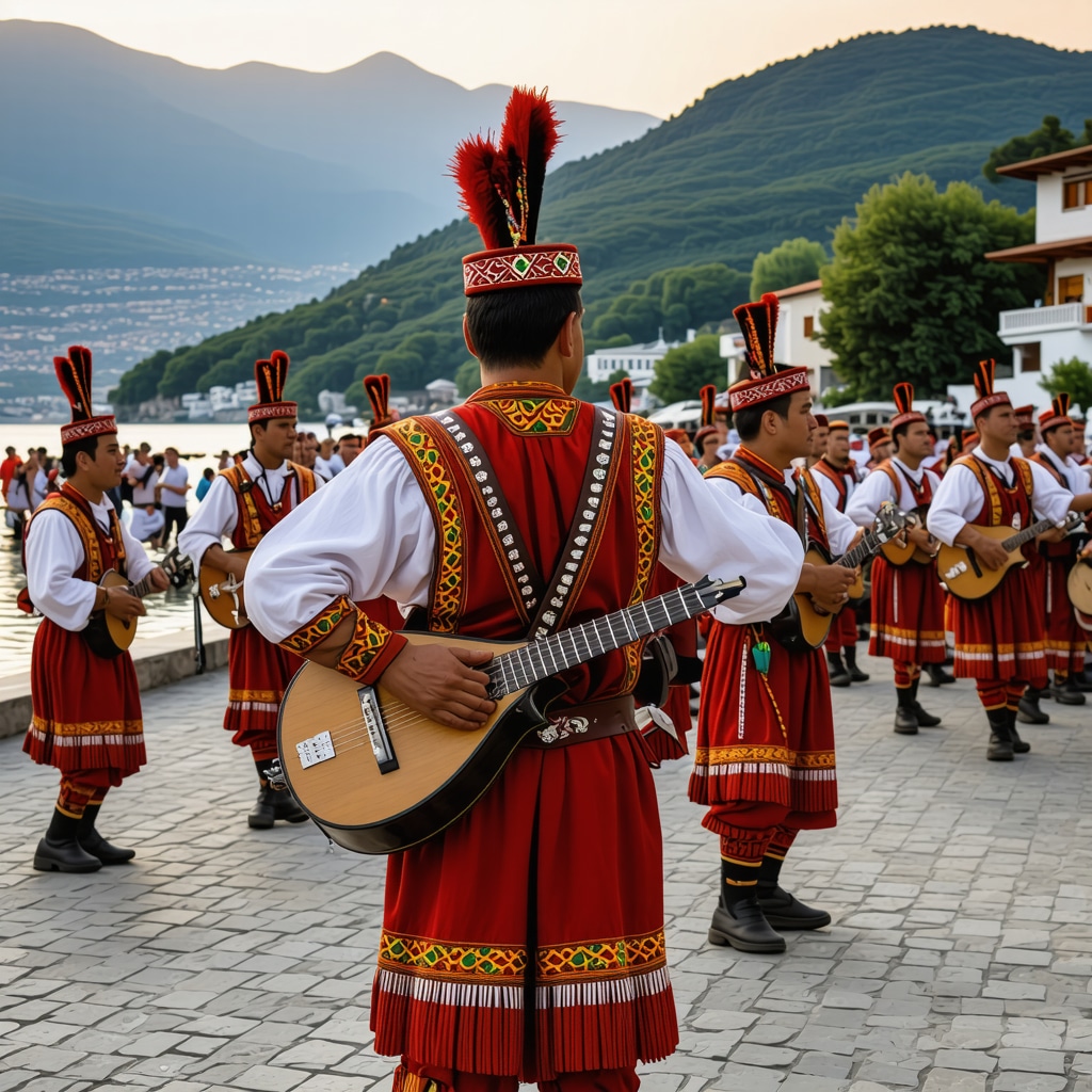 People celebrating traditional Macedonian music and dance at a cultural festival in Struga near Lake Ohrid at sunset