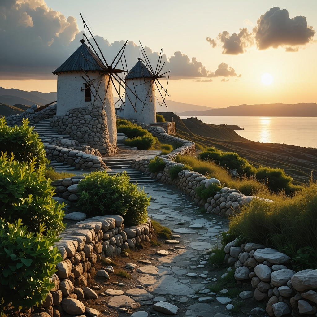 Traditional Greek island village with windmills at sunset