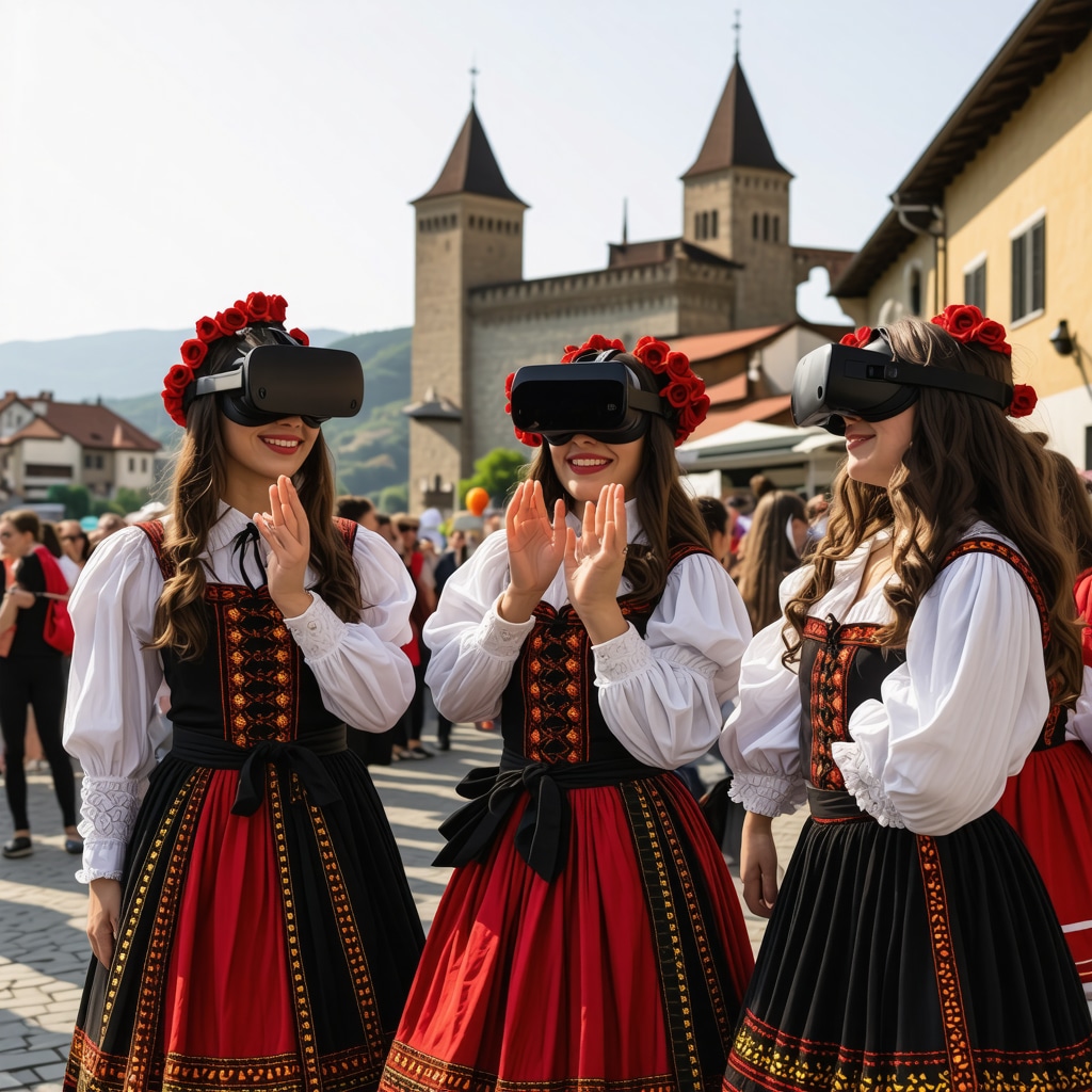 Cultural festival in Brașov with traditional costumes and AR/VR digital exhibits