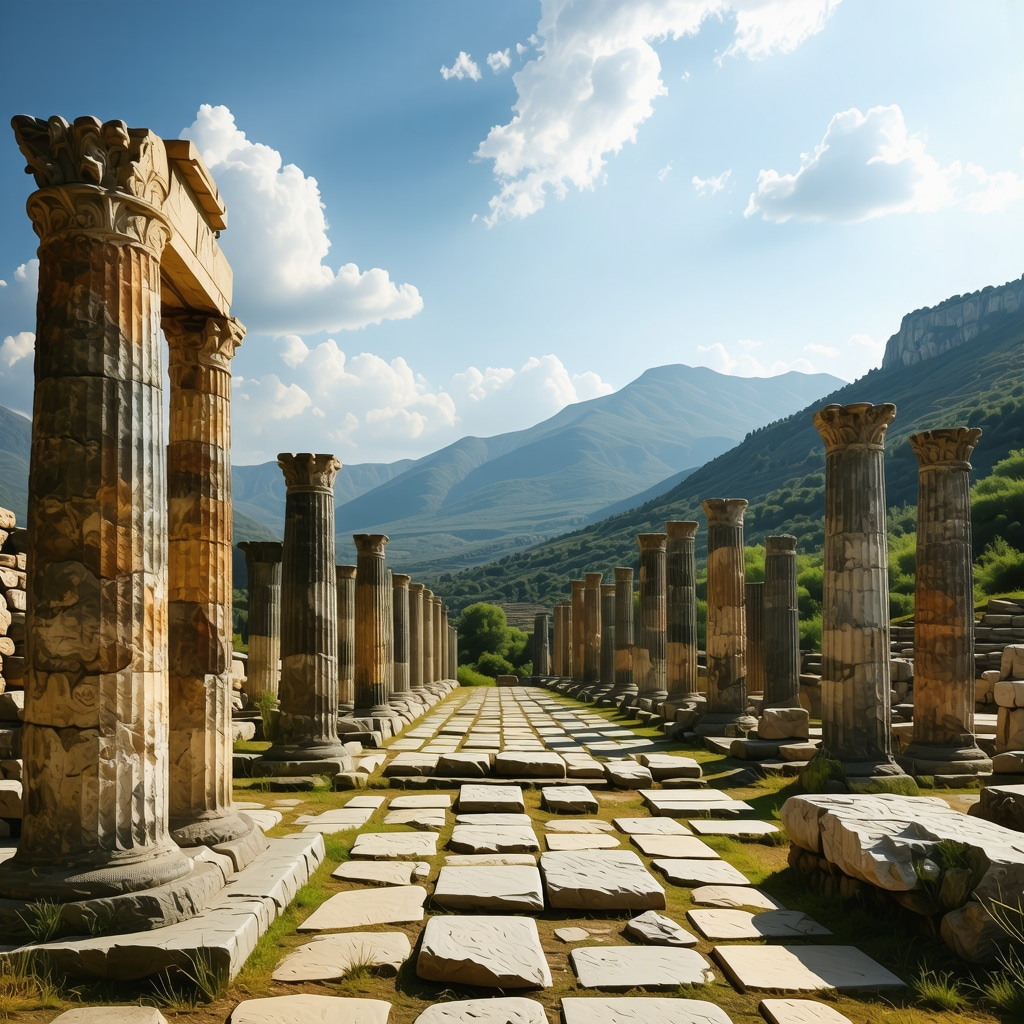Panoramic view of Delphi archaeological site with Mount Parnassus and digital augmented reality elements