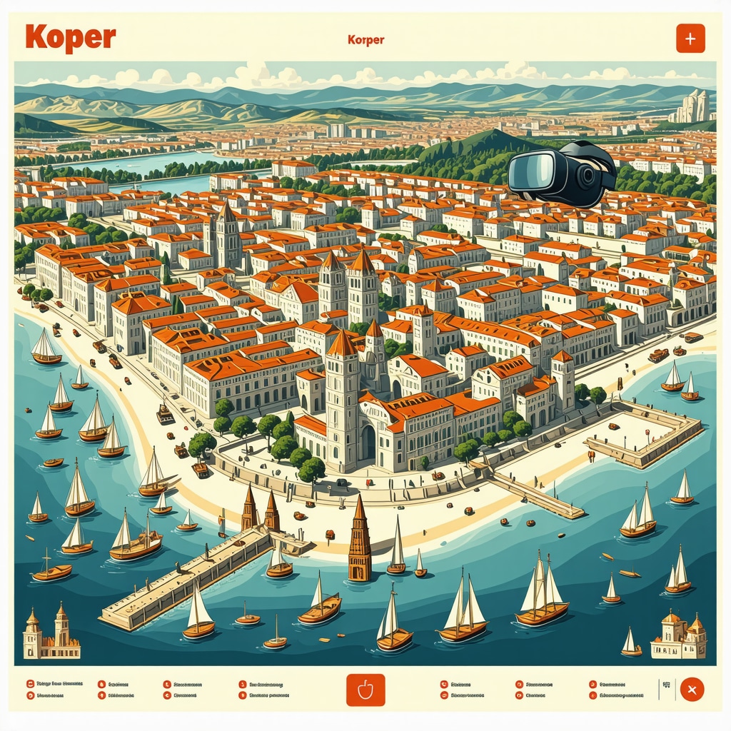 Digital interactive map illustrating Koper's cultural heritage sites integrated with modern technology icons over Adriatic coastline and Venetian architecture