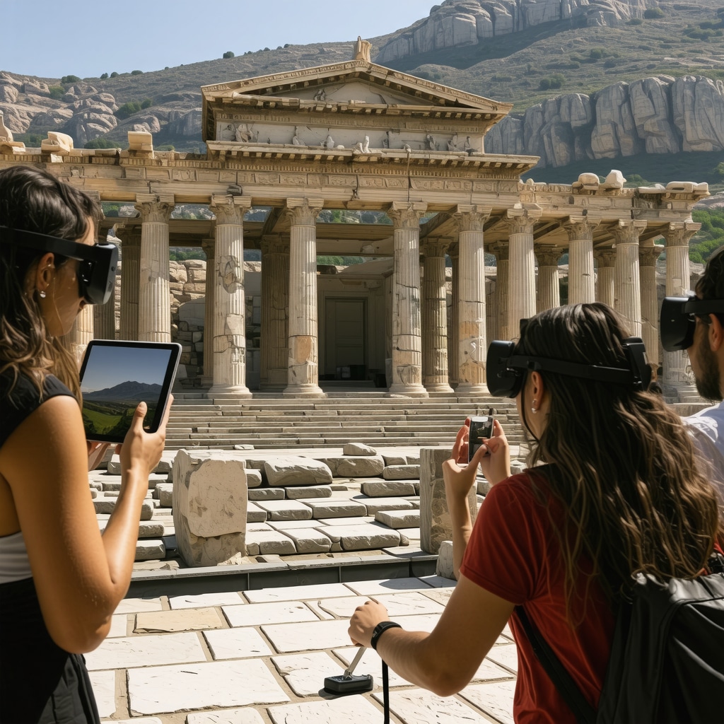 Visitors using augmented reality devices to explore the Temple of Apollo in Delphi through a digital reconstruction.