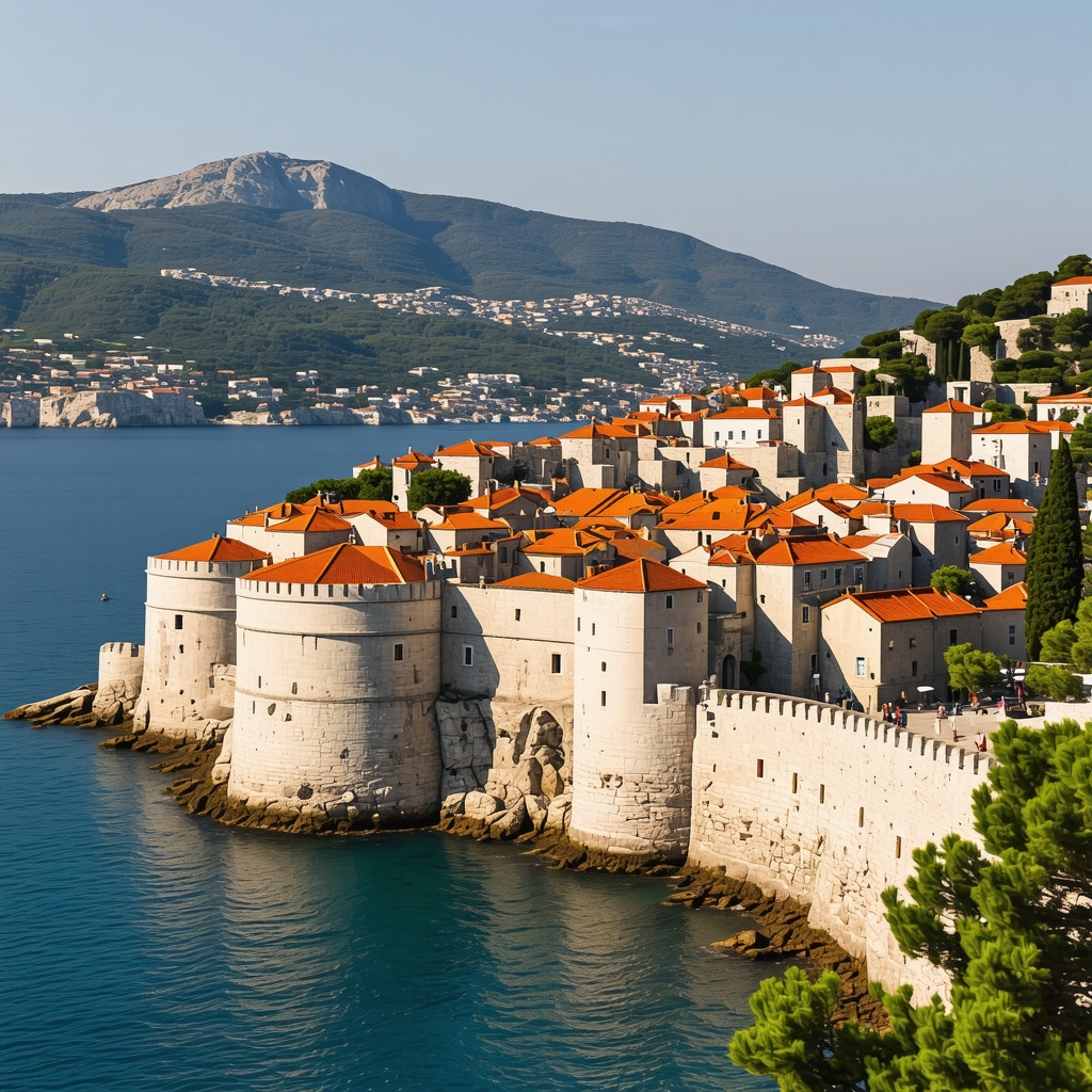 Scenic view of Dubrovnik old town with city walls and Adriatic Sea