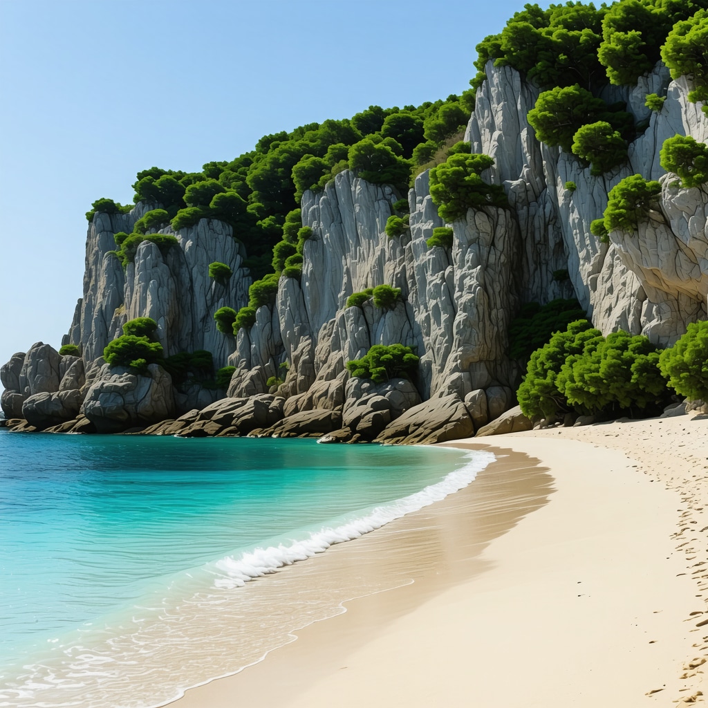 Serene European beach with clear waters and lush nature, emphasizing sustainable tourism.
