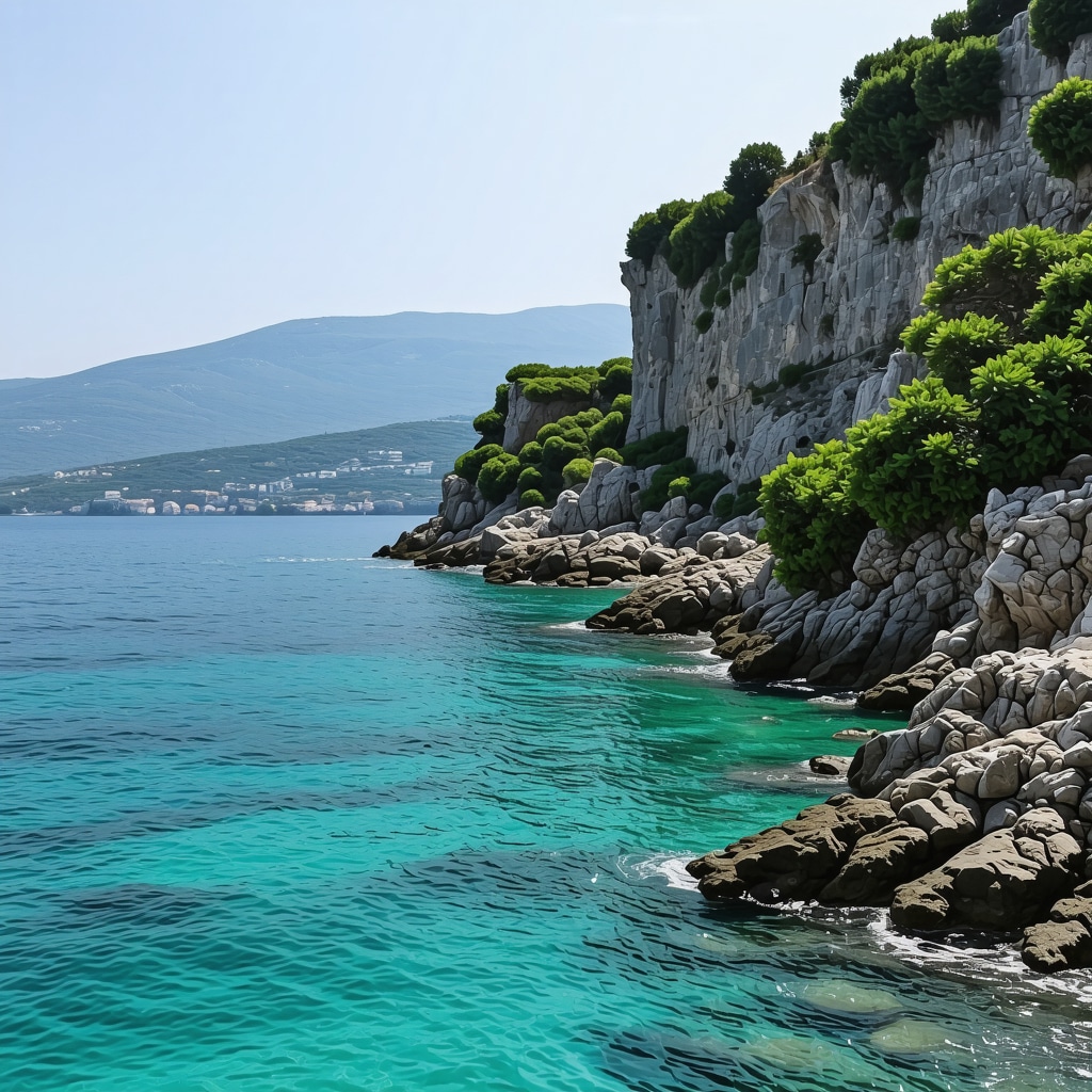 Peizazh i bukur i bregdetit të Adriatikut me qytete historike dhe ujëra të kristalta.