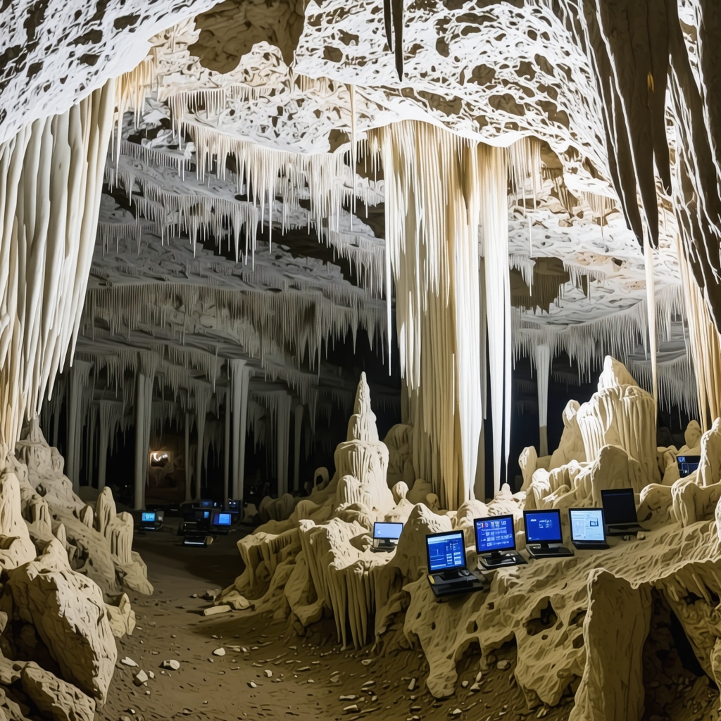 Environmental sensors and digital monitoring equipment inside limestone cave with stalactites and stalagmites