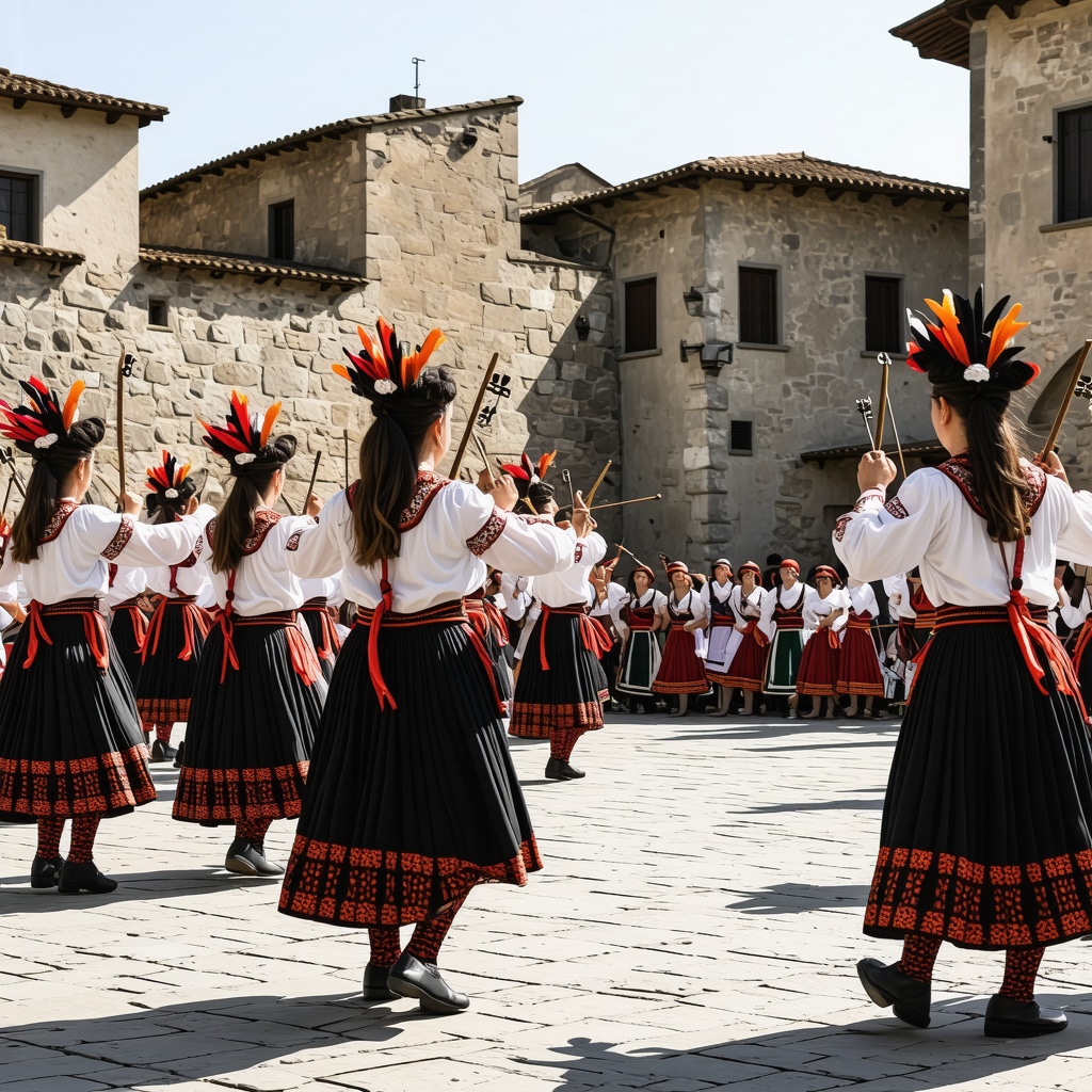Festë tradicionale me kostume, muzikë dhe valle në një shesh historik të qytetit