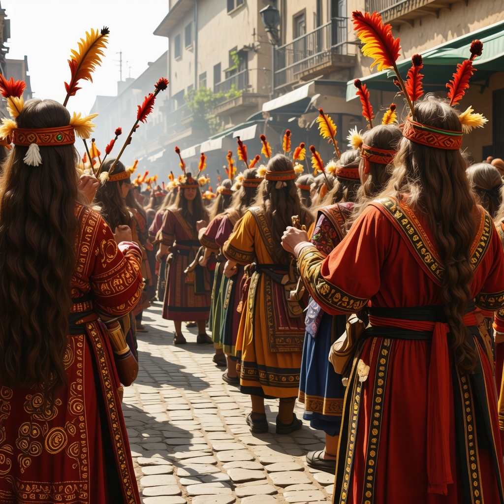Një grup njerëzish duke festuar në një festival kulturor në Maqedoni, me kostume tradicionale dhe aktivitete të ndryshme