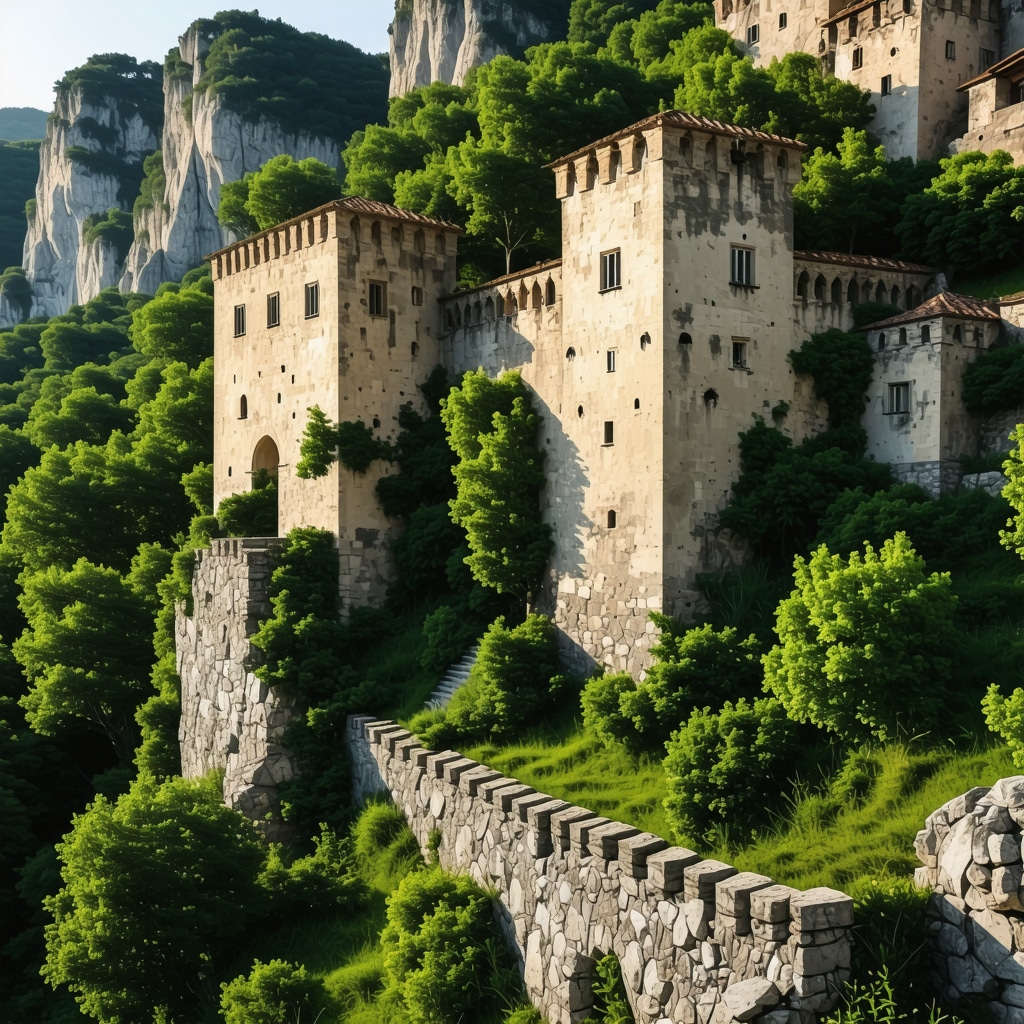 Fortesa e Lashtë Boshnjake në Jug të Bosnjës me peisazh të gjelbër dhe arkitekturë të detajuar