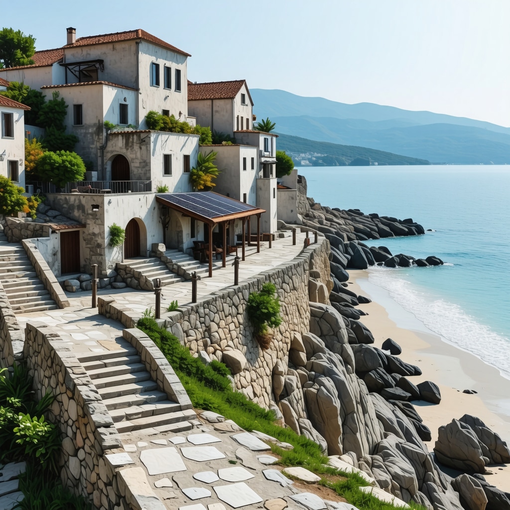 Ulcinj coastline equipped with smart tourism technologies showcasing IoT sensors, solar panels, and augmented reality experiences