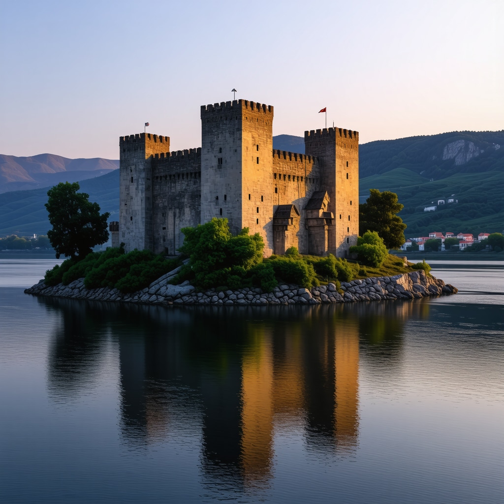 Sunset over Golubac fortress and Danube River
