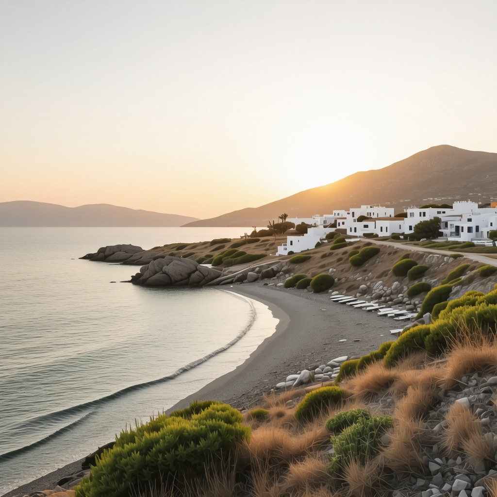 Scenic view of Greek island with secluded beaches and colorful houses