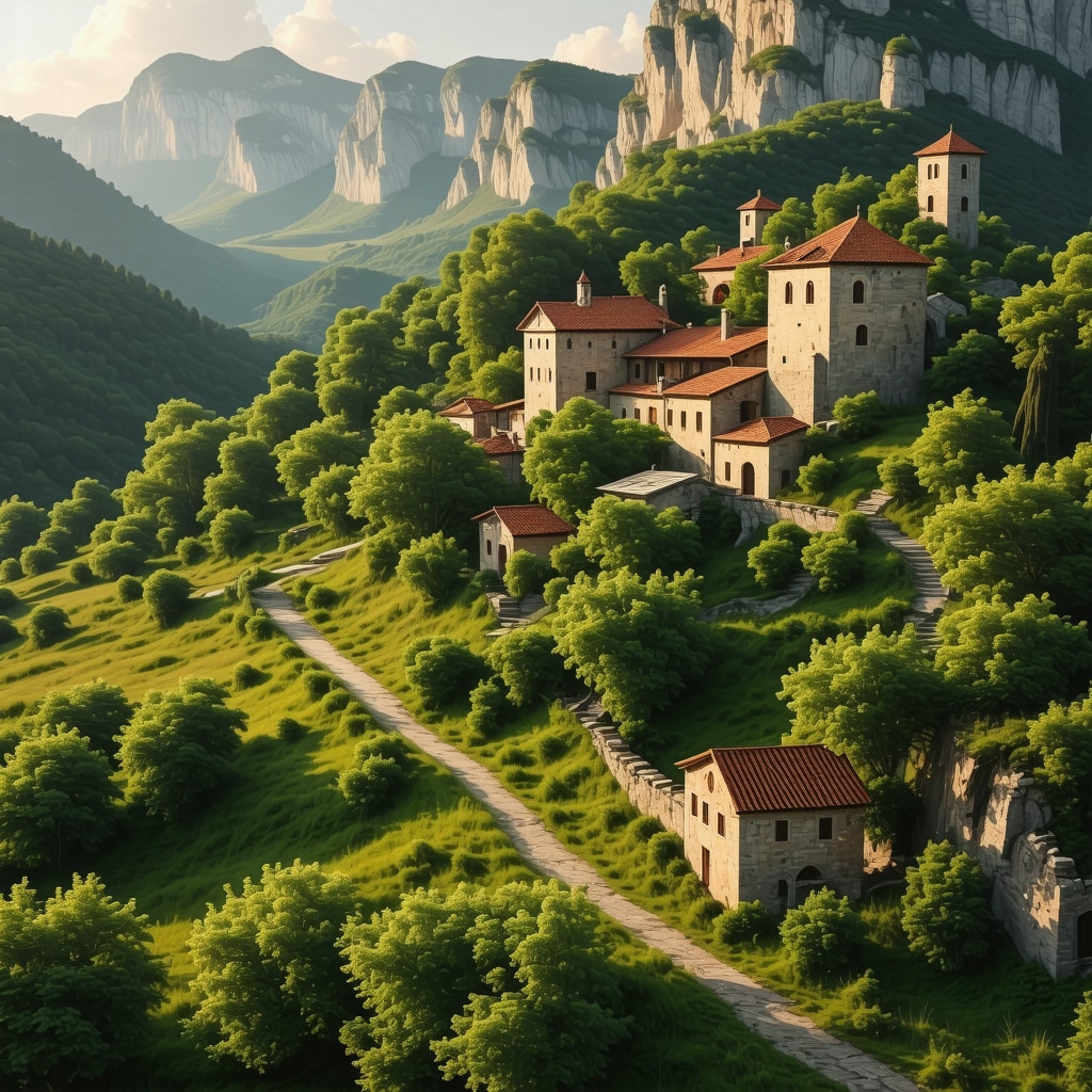 View of Balkan landscapes with historical monuments blending seamlessly with natural scenery.
