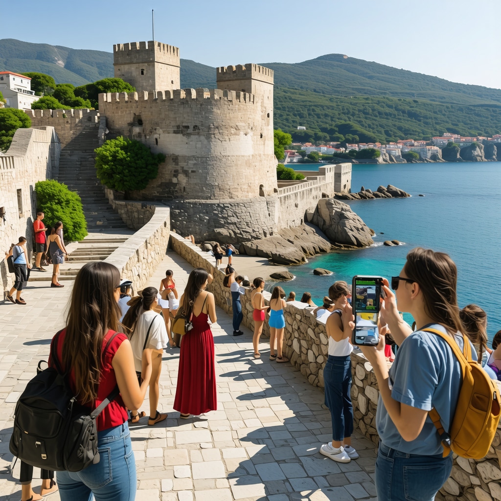 Tourists using augmented reality devices at Herceg Novi fortress viewing historical overlays