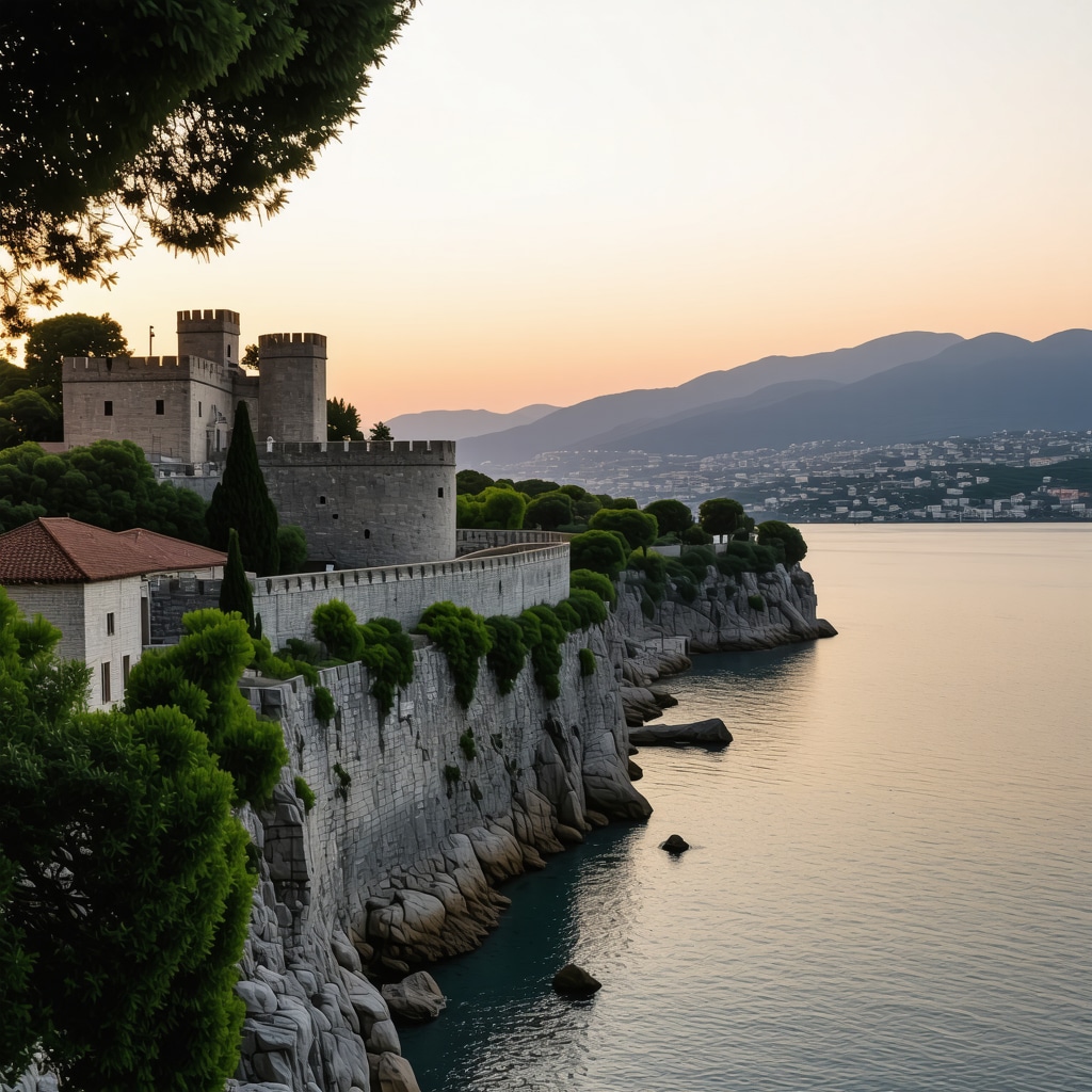 Panoramic view of Herceg Novi's historic fortresses and lush landscapes during sunset