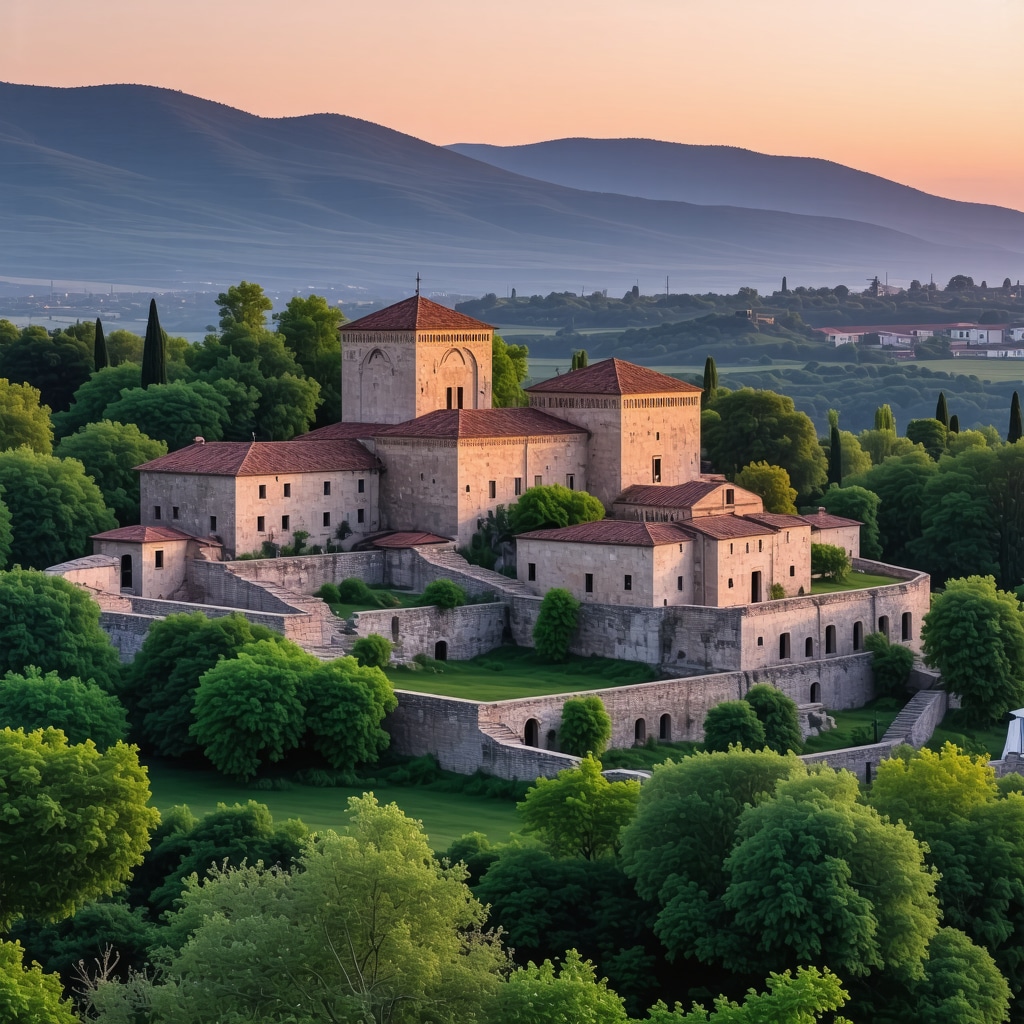 Panoramic view of a UNESCO heritage site in the Balkans with ancient architecture and lush landscapes at sunset.