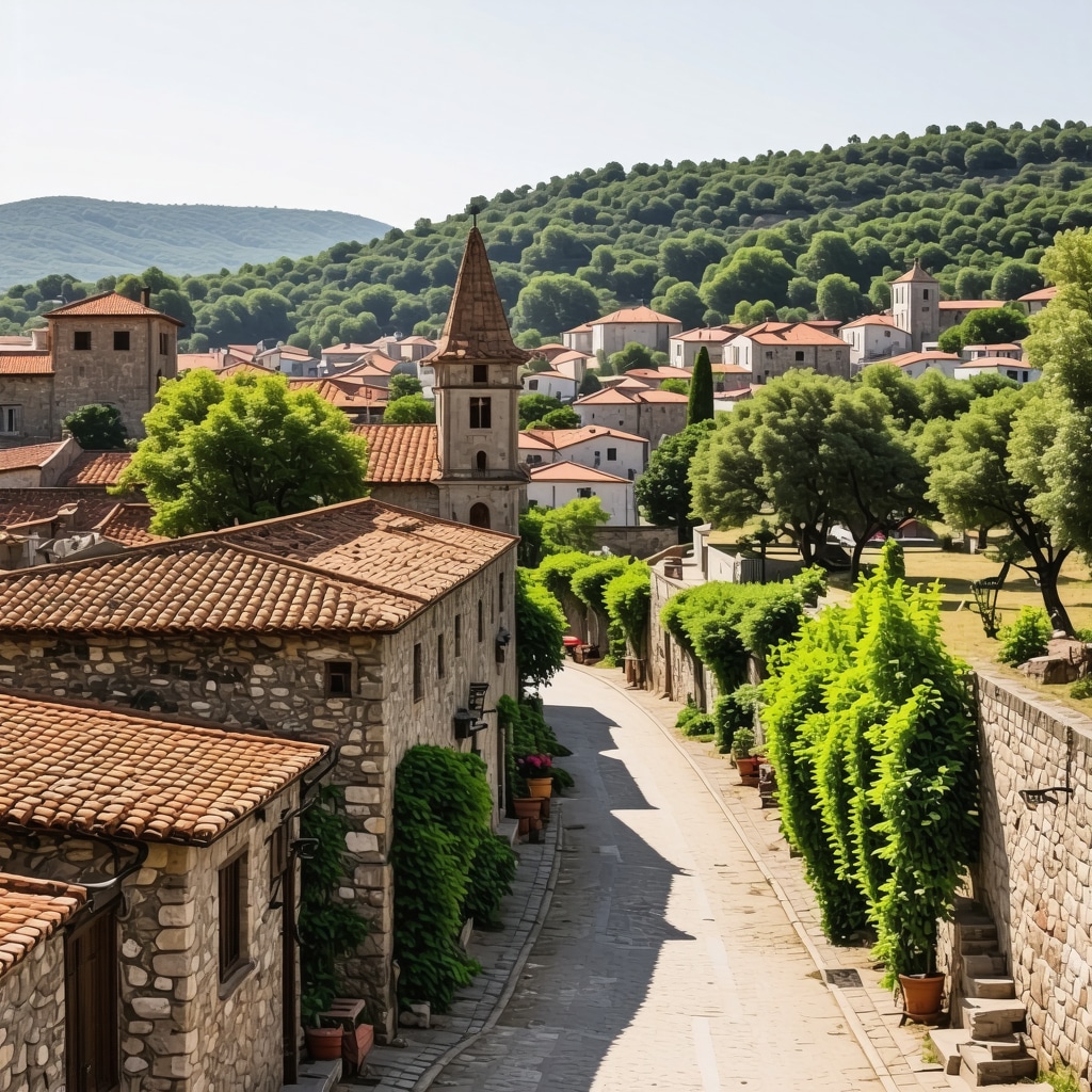 Scenic view of a historic Balkan city with traditional architecture and natural beauty.