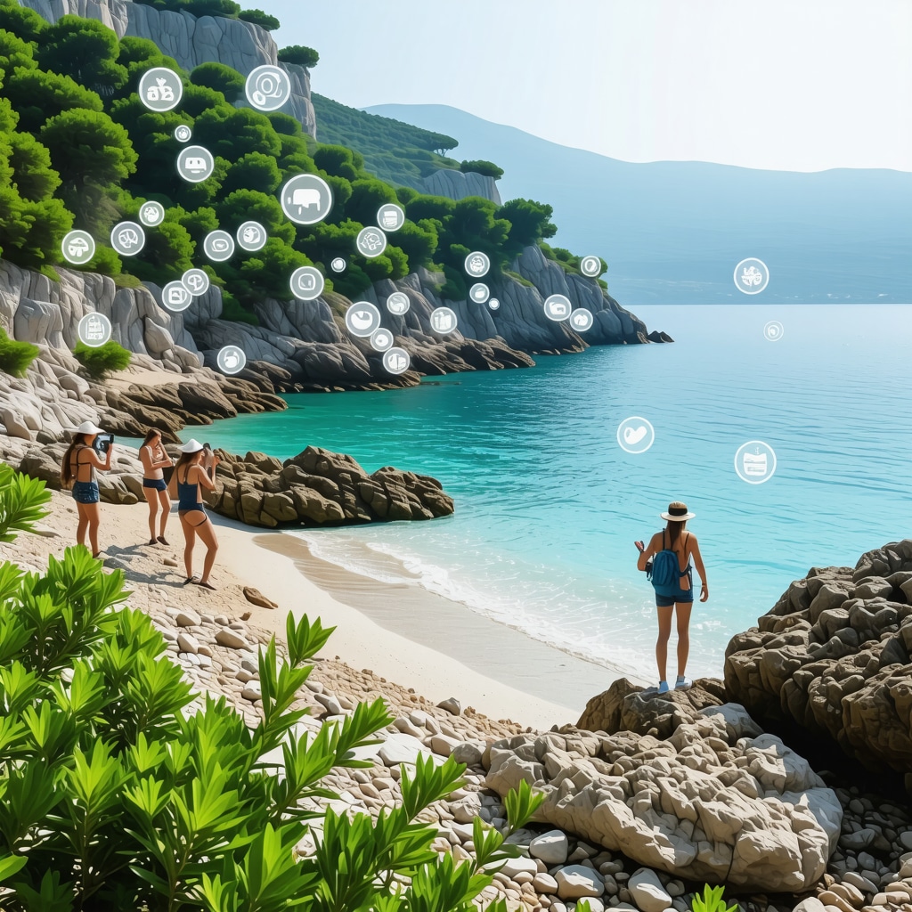 Hidden beach of Bar, Montenegro with green forest, clear Adriatic waters, and tourists using augmented reality technology