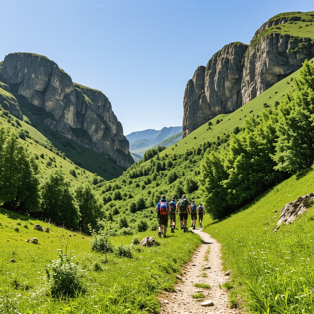 Hikers exploring Rugova Canyon surrounded by lush greenery and mountainous terrain