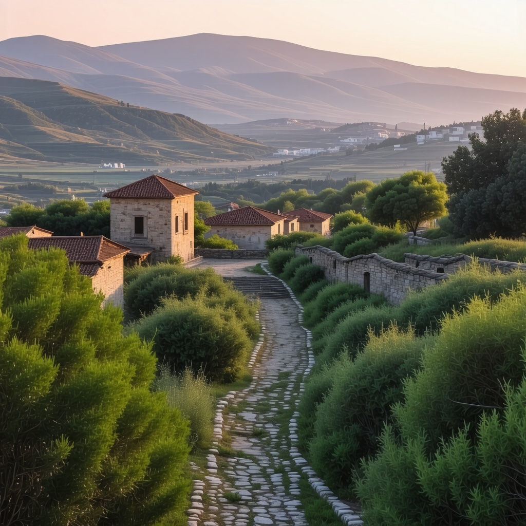 Scenic view of Himarë with ancient architecture and lush landscapes at sunset.