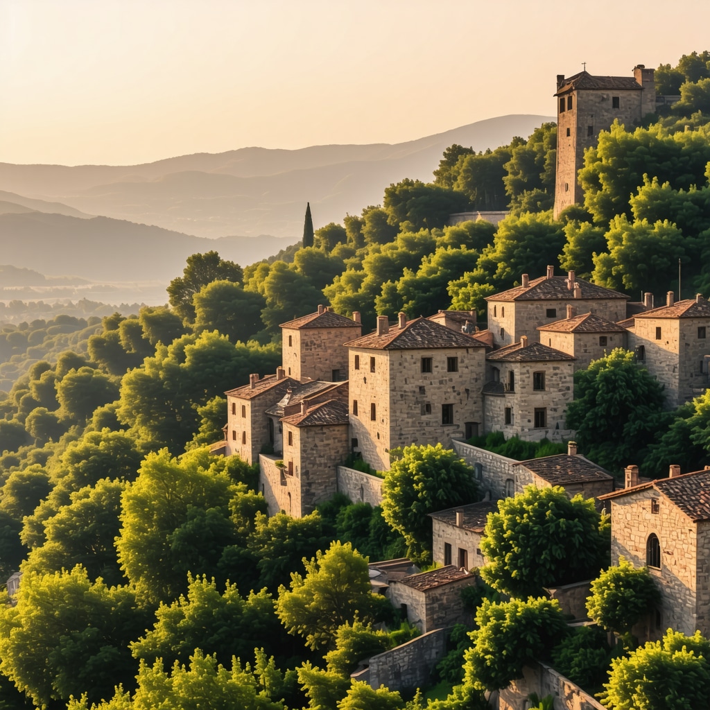Panoramic view of a historic Balkan town blending ancient architecture and nature at sunset