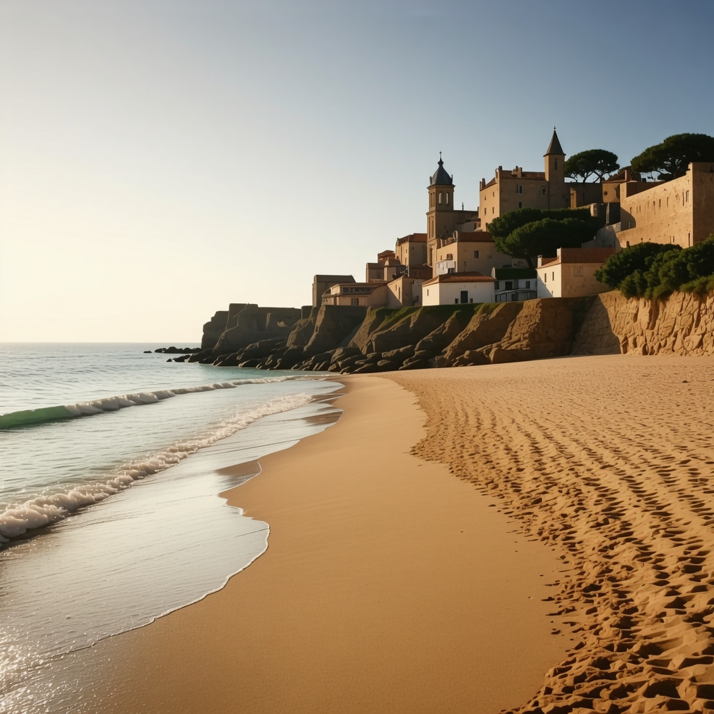 Golden sandy beaches and medieval architecture of Nin under sunset light