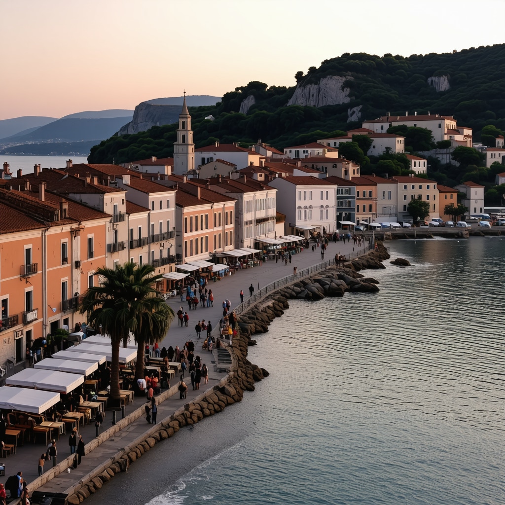 Scenic view of Piran's Venetian architecture and Adriatic coast at sunset with local cultural ambiance
