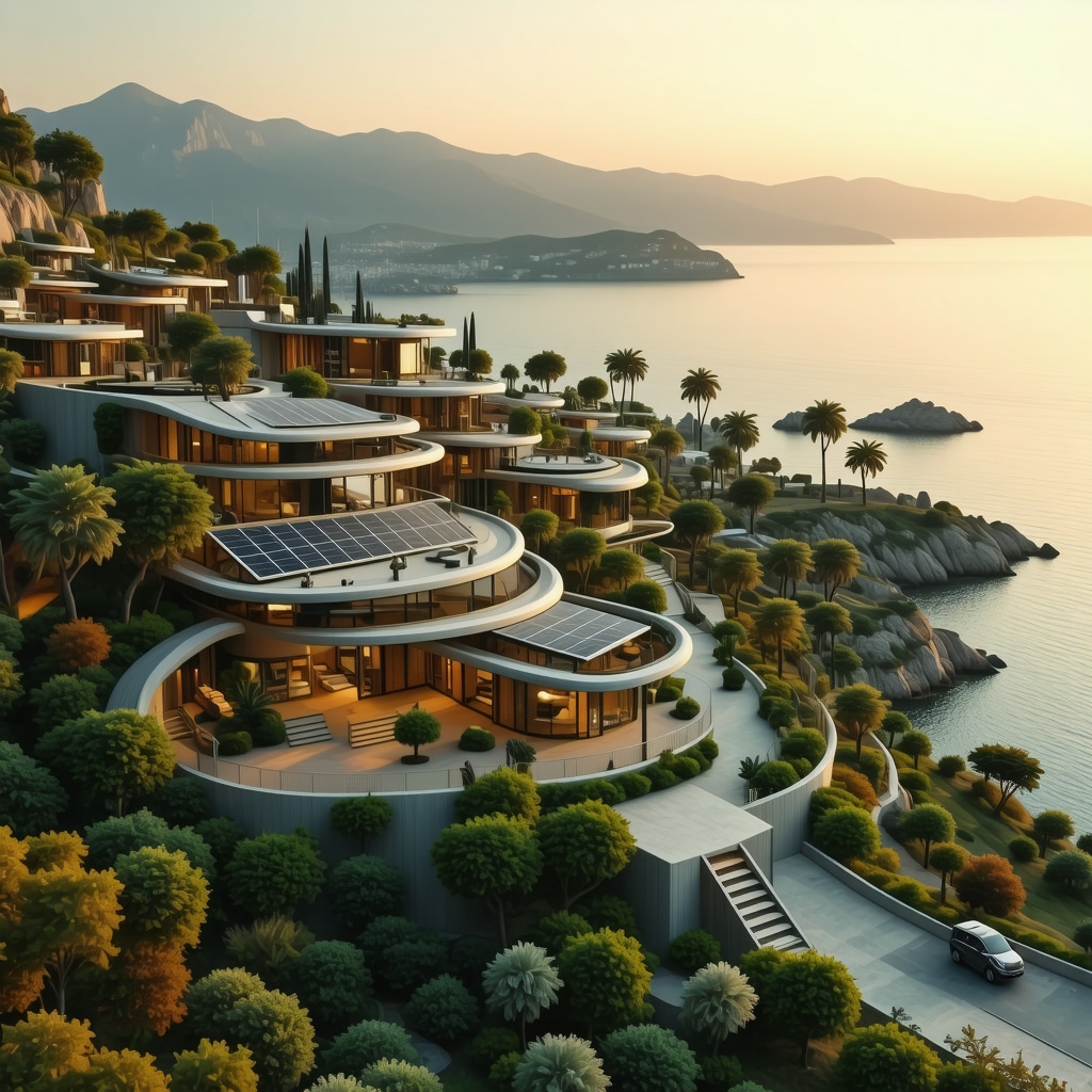 Futuristic coastal city in Bar with solar panels, electric cars, digital interfaces, and green areas overlooking the Adriatic Sea at sunset