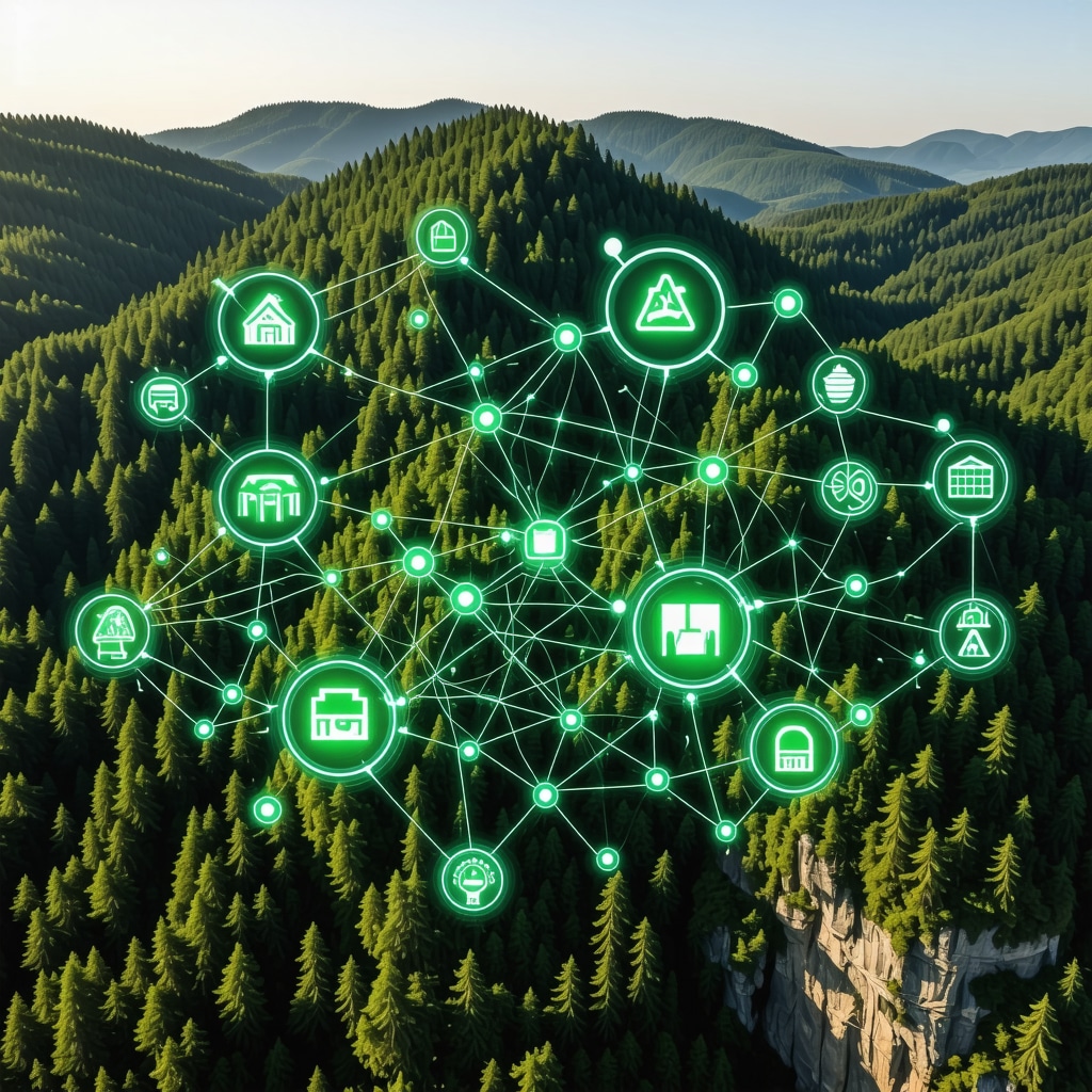 Aerial landscape of Kanioni Rugova integrated with digital AI network icons representing intelligent environmental management