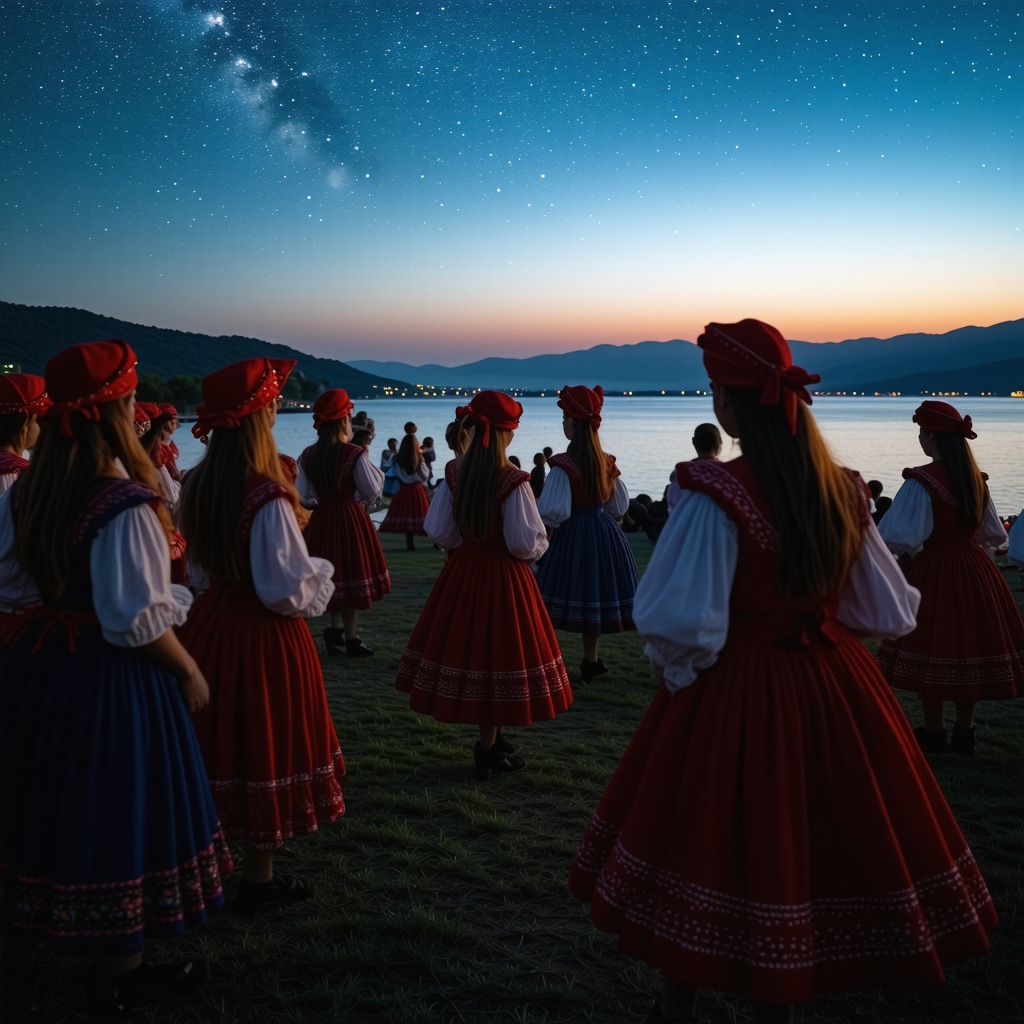 Korcula Summer Festival with traditional dancers and modern multimedia art installations at night by the Adriatic Sea