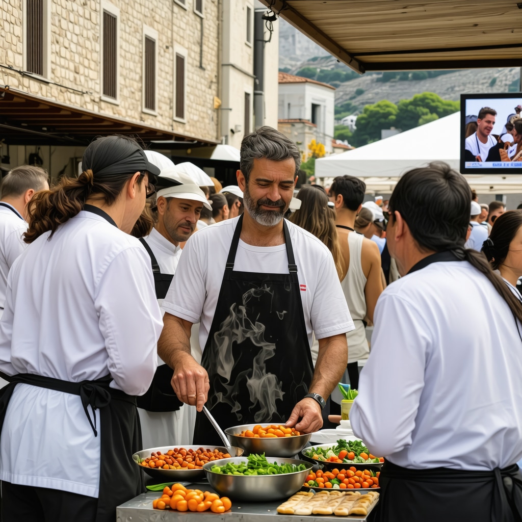 Street festival in Kotor with traditional cooking, medieval buildings, and digital displays of cultural heritage