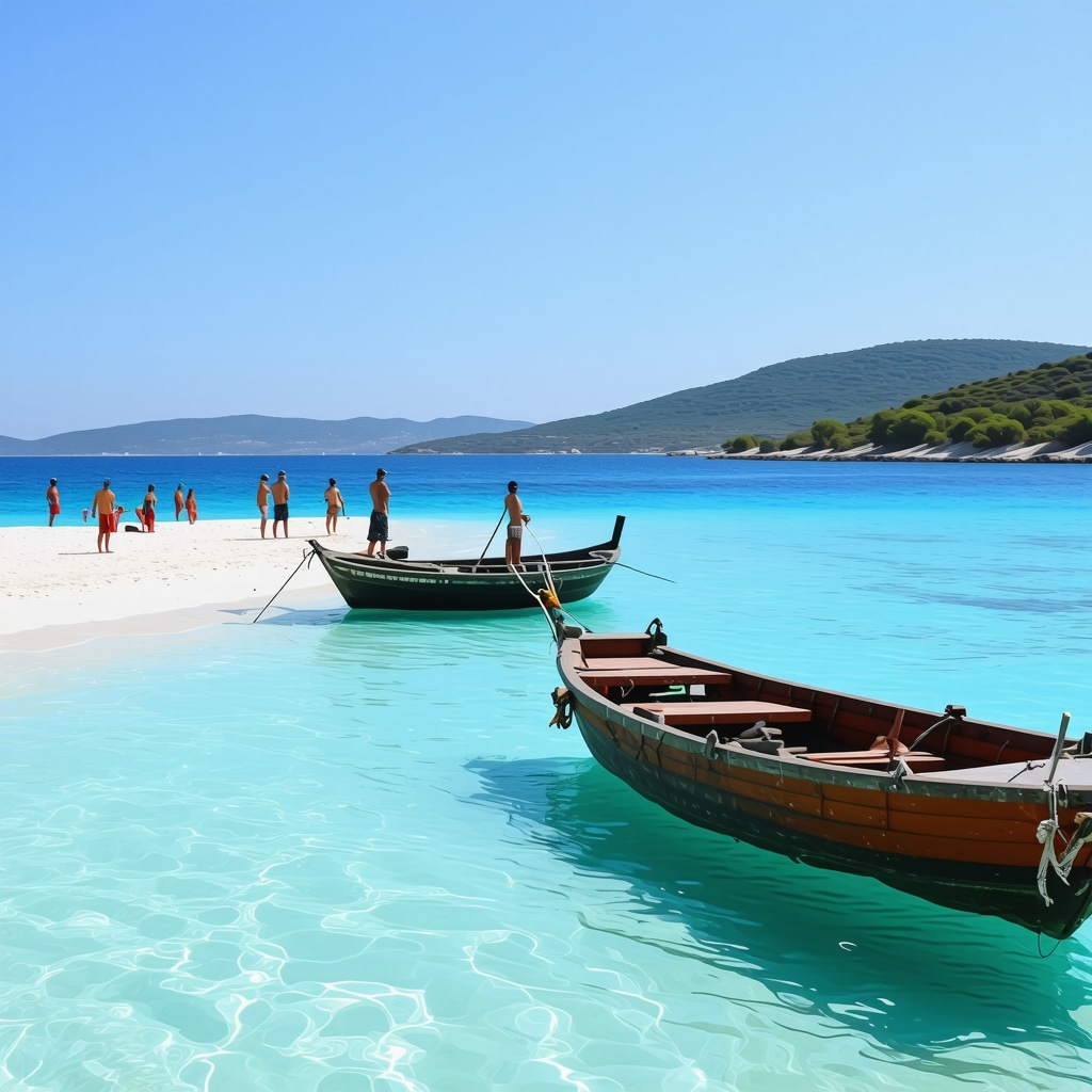 Panoramic view of Ksamil beaches with turquoise water, white sand, and traditional fishing boats highlighting sustainable tourism.