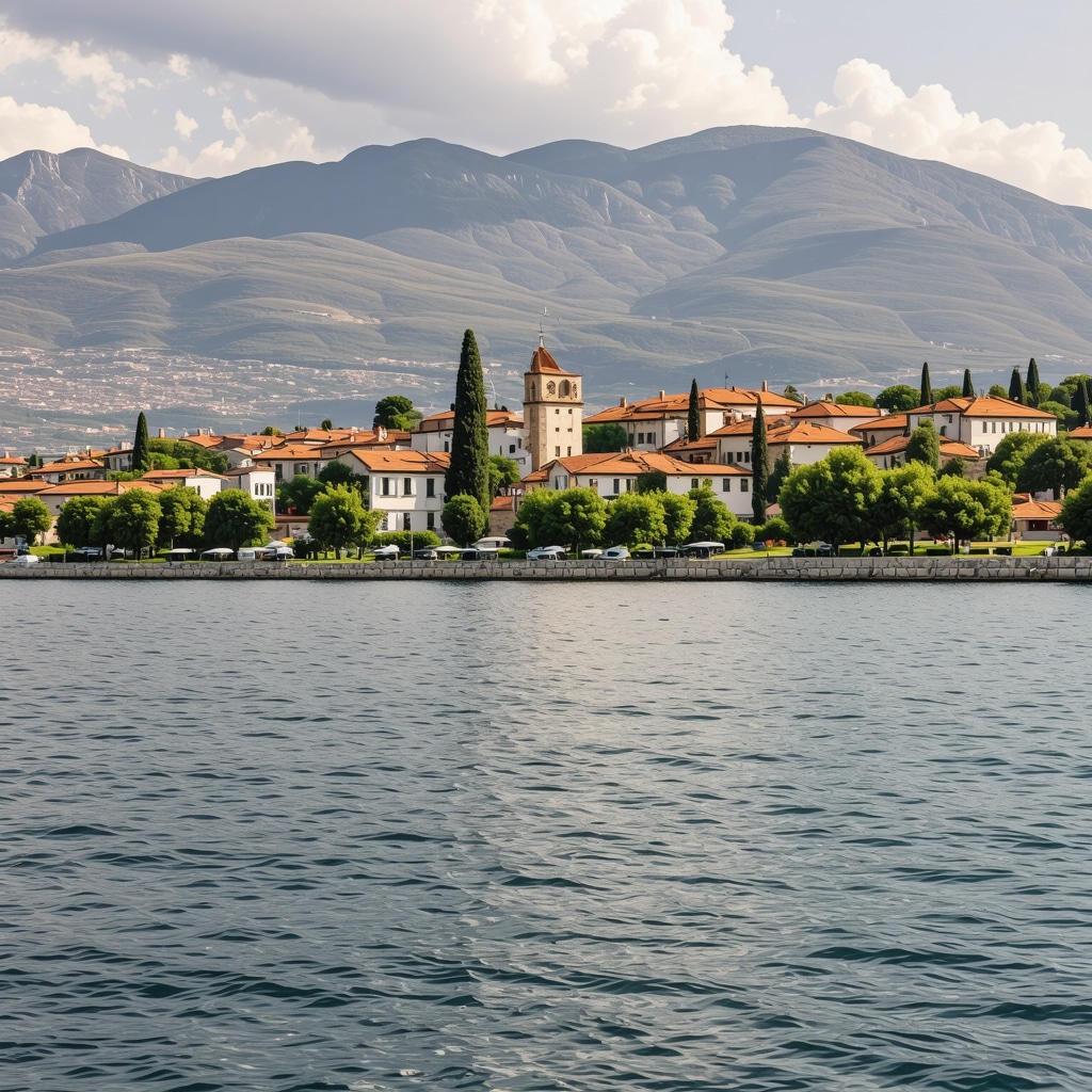 Peizazh i Liqenit të Ohrit dhe qyteti i vjetër me male në sfond, me ngjyra të gjalla