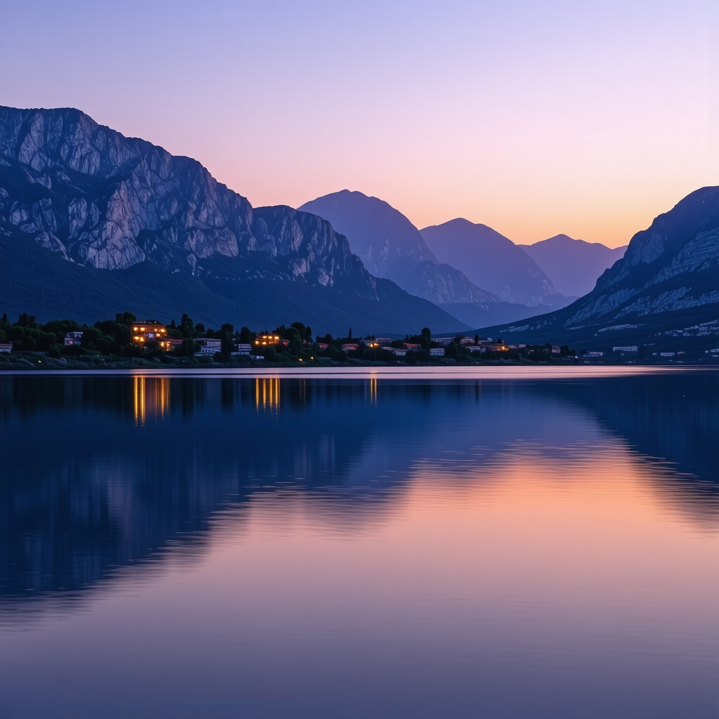 Beautiful scenic view of Montenegro's mountains and lake at sunset