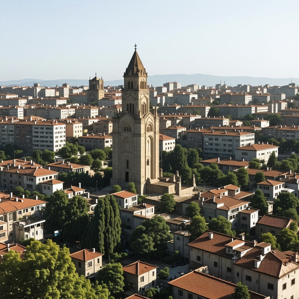 Historic monuments and modern buildings in Prishtina, Kosovo, illustrating cultural preservation and urban development.