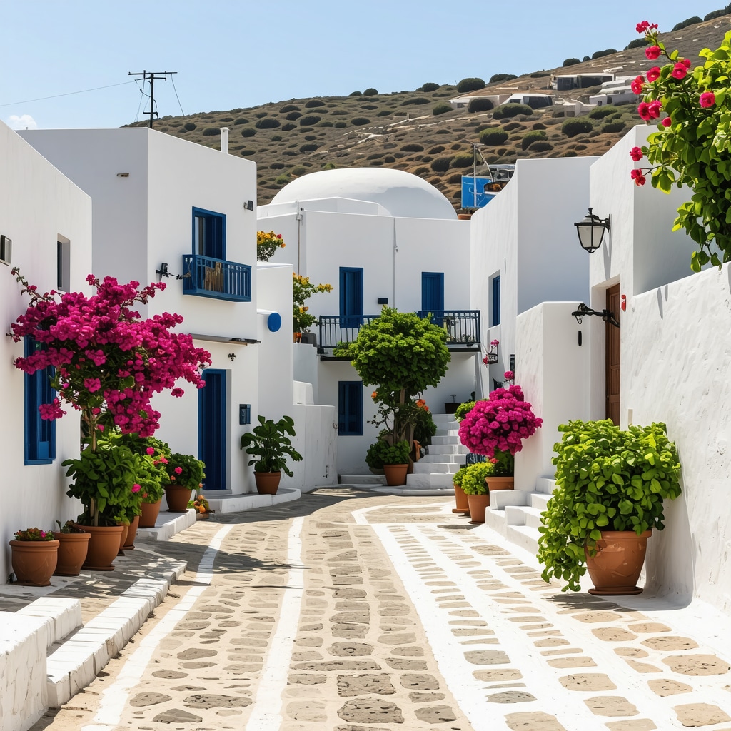A picturesque view of the historic Mykonos town with narrow streets and traditional Greek architecture.