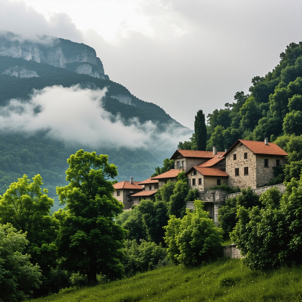 A scenic Balkan village blending ancient architecture and misty mountains representing mystery and cultural heritage