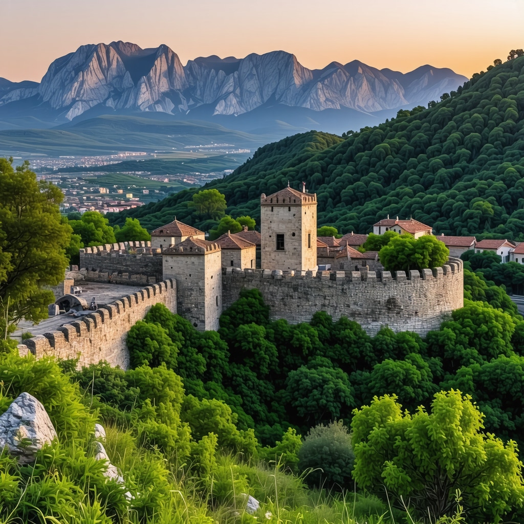 Panoramic view of Montenegro's historic city walls and lush mountains at sunrise