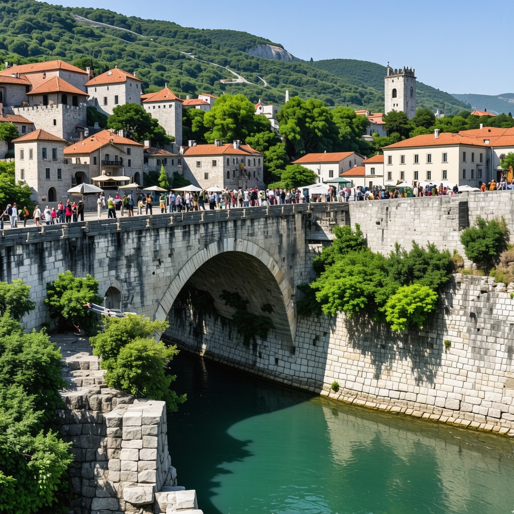 A scenic view of Mostar's old bridge with people walking across it.