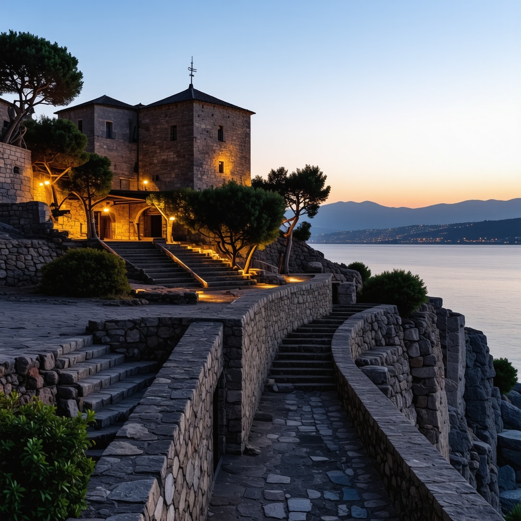 Vibrant night scene in Budva showing clubs, historic buildings, and Adriatic coast