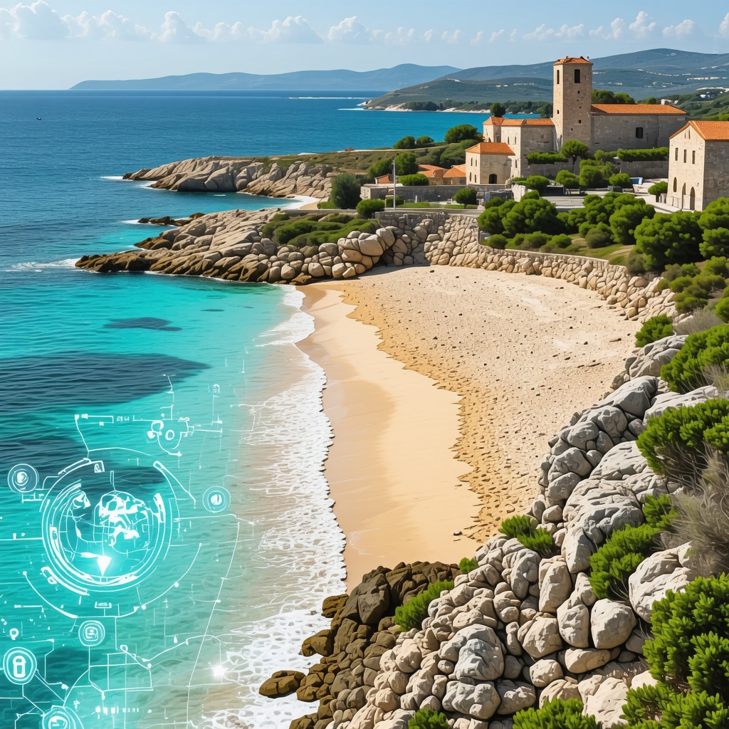 Medieval buildings and golden beaches of Nin with digital sustainable tourism elements overlay