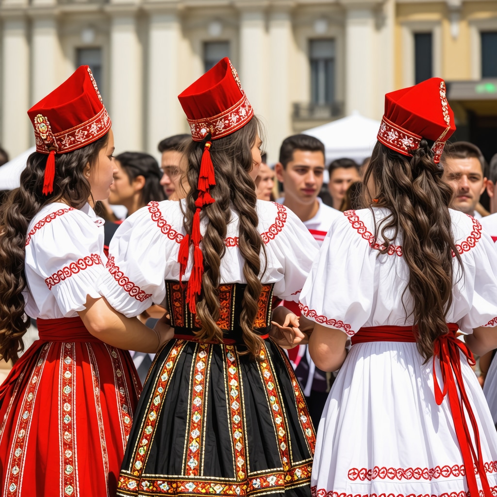Një grup shqiptarësh në Beograd duke festuar kulturën e tyre me veshje tradicionale dhe muzikë