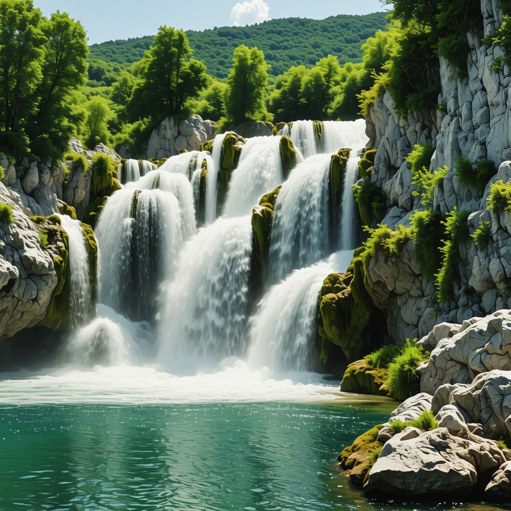 Scenic panoramic view of waterfalls and lush greenery in Krka National Park