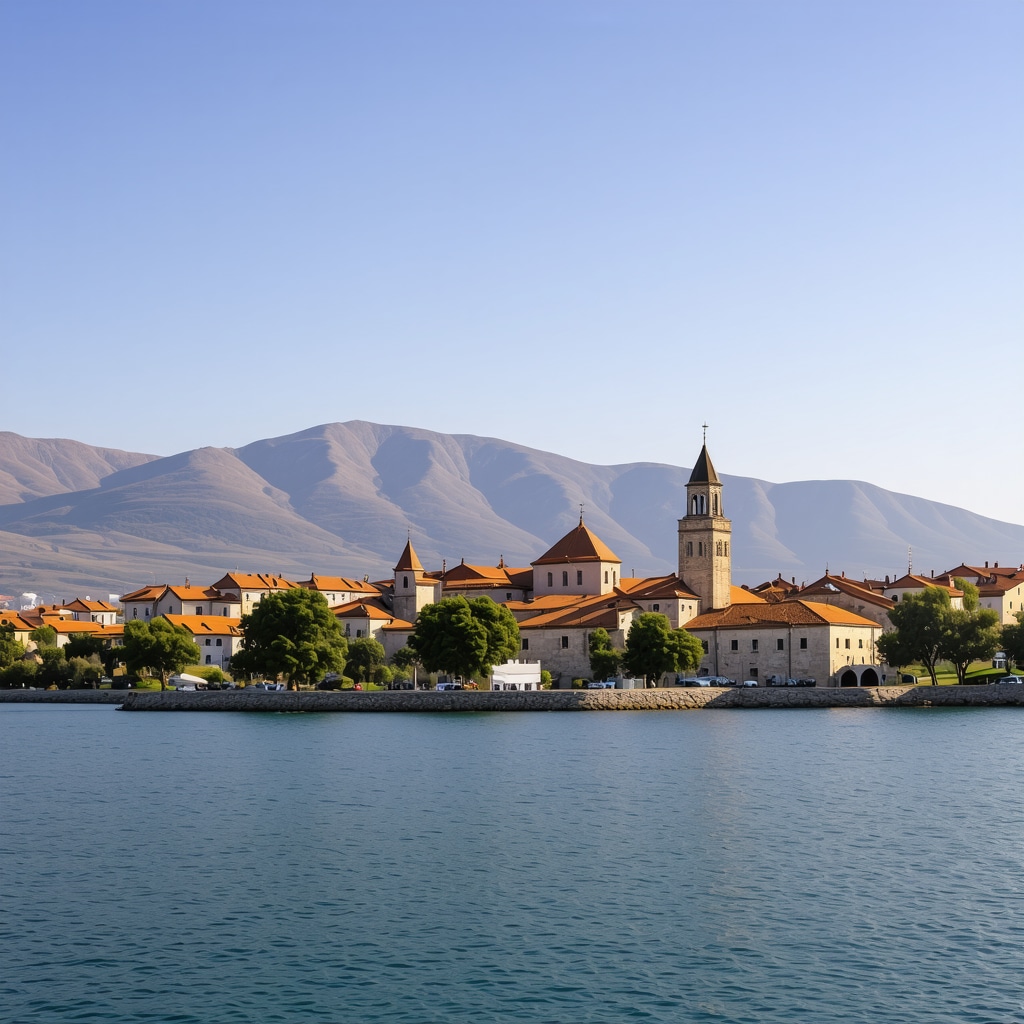 Scenic panorama of Ohrid Lake with historic Byzantine churches and mountain scenery