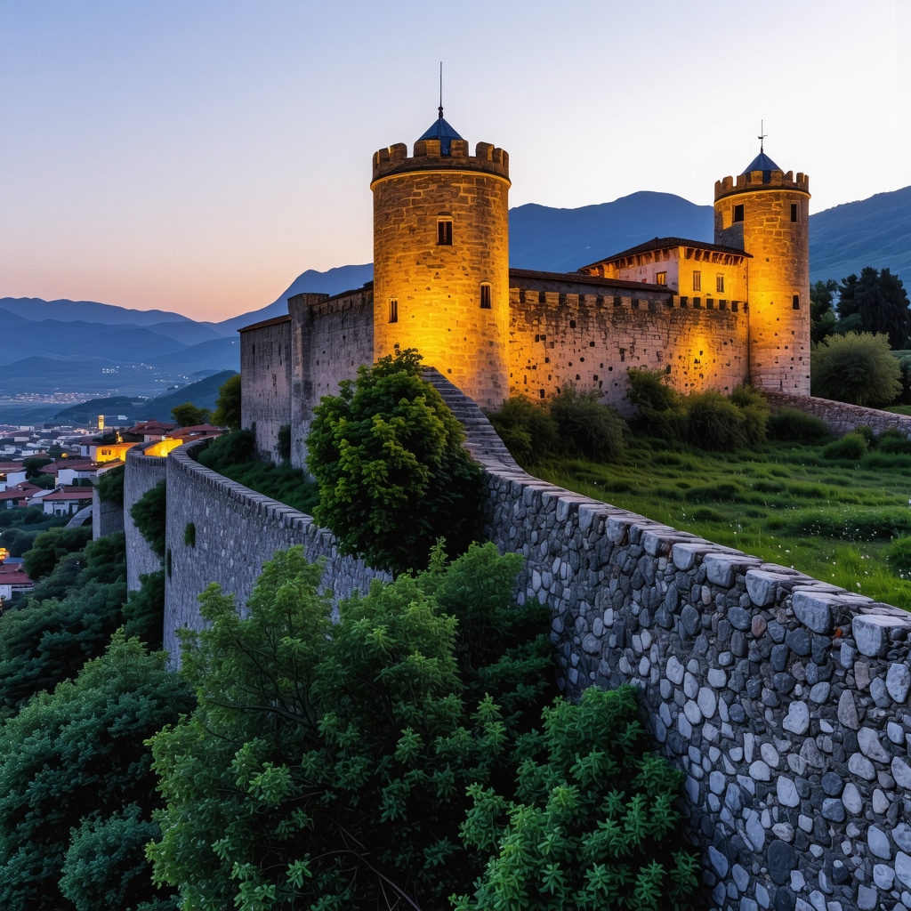 Berat Castle panoramic sunset view highlighting ancient walls and towers with surrounding nature